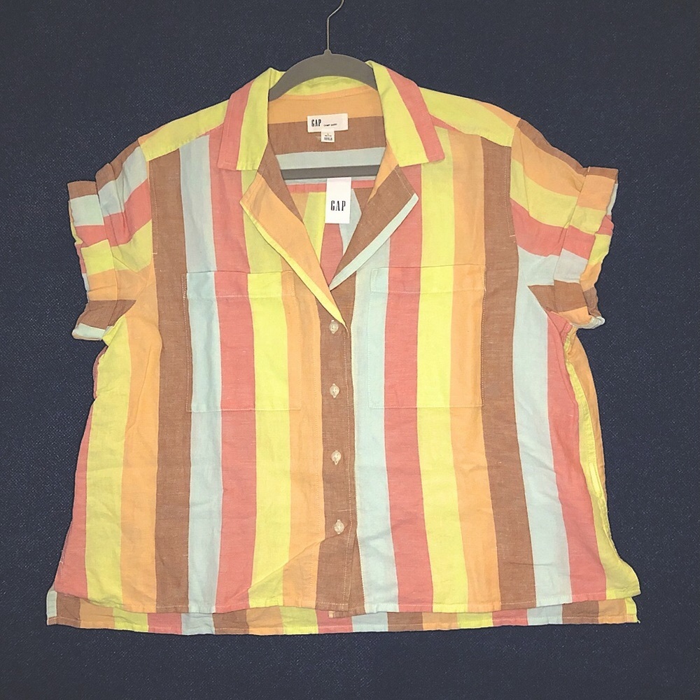 GAP NWT Linen Striped Button Down Camp Shirt - Large Petite